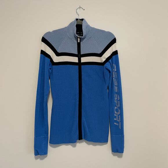 Vintage Y2K Bebe Sport Rhinestone Ribbed Stripe Blue Zip Up Women's Large - Picture 2 of 7